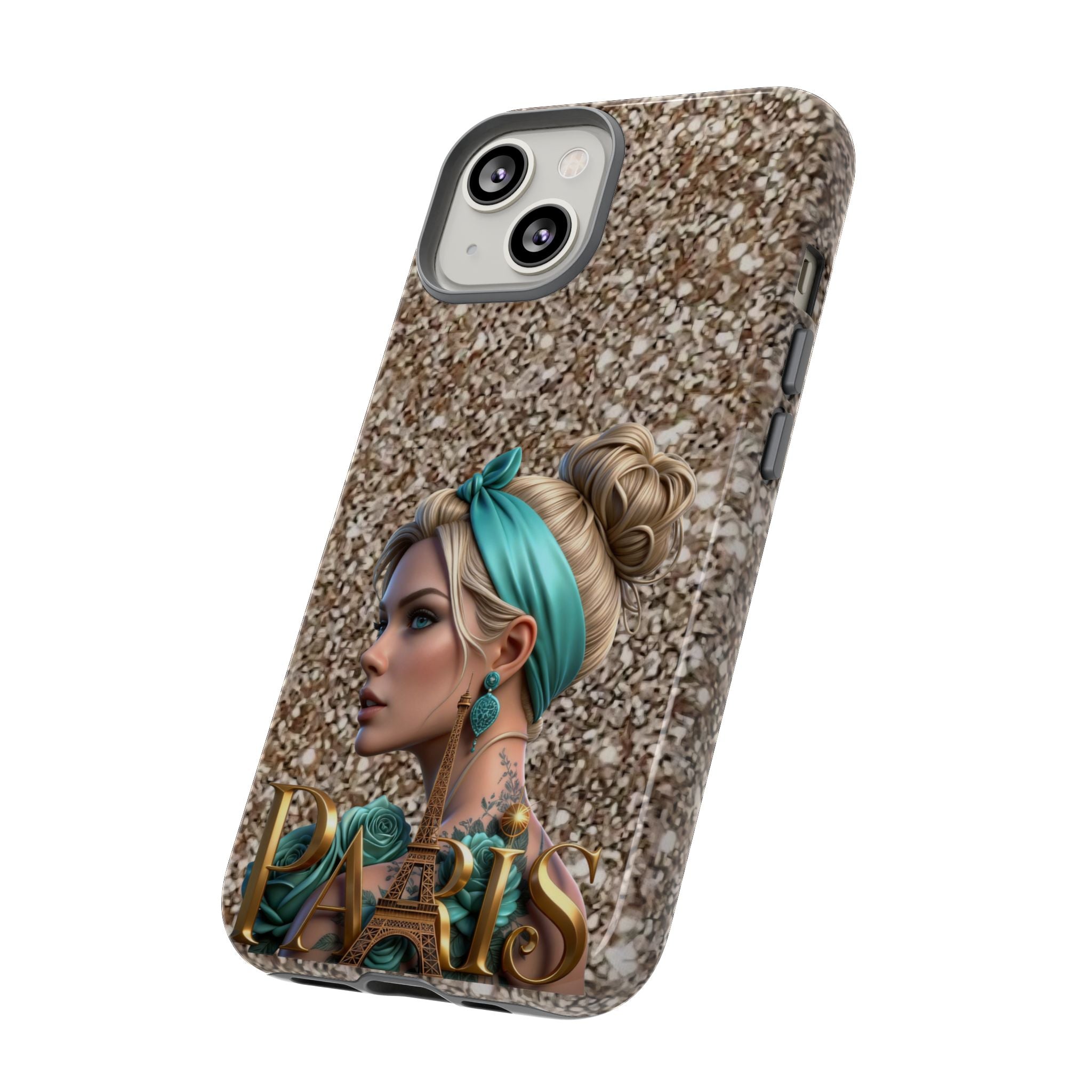 Parisian Glam Phone Case — Retro Pin-Up Girl with Teal Headscarf on Glitter Background Printify