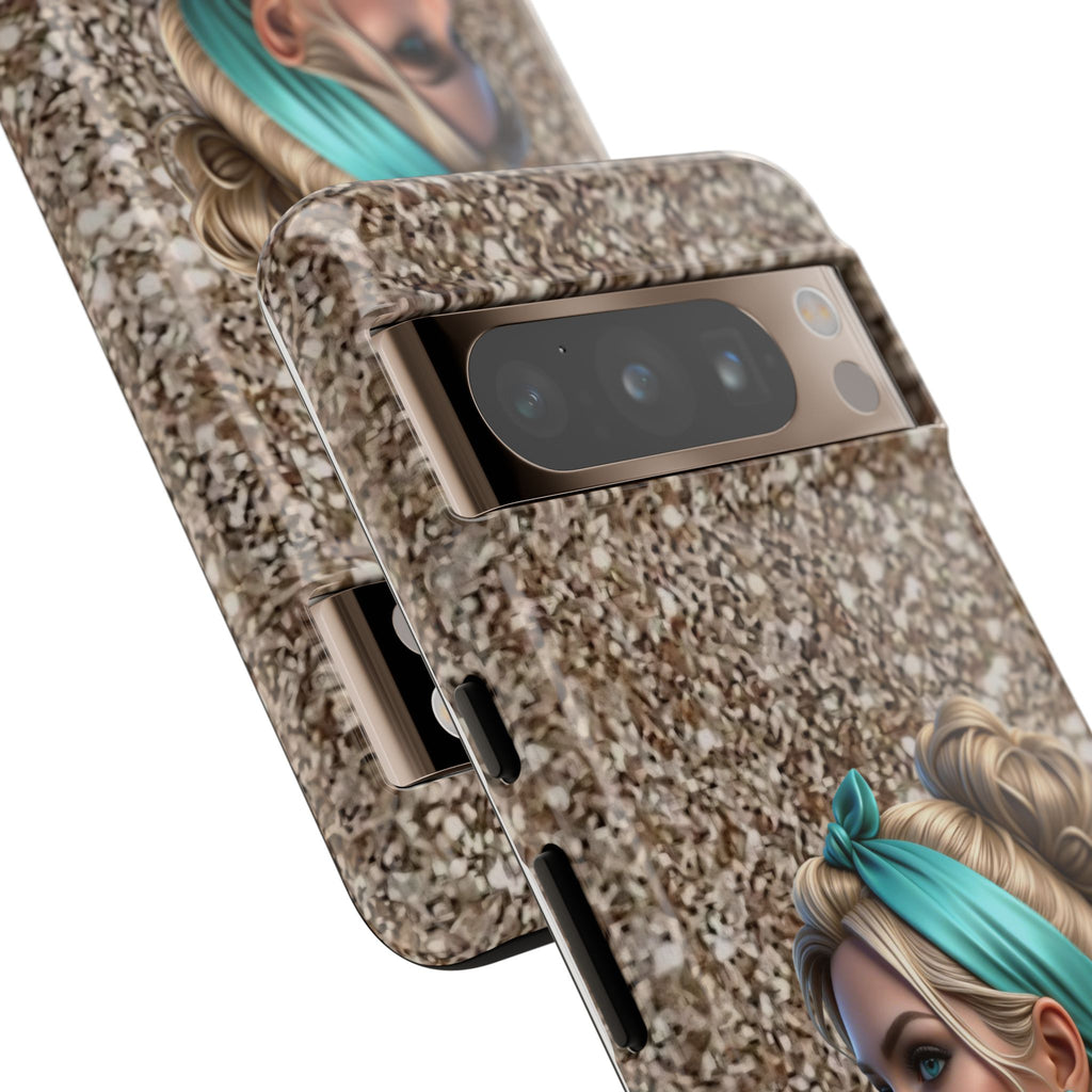 Parisian Glam Phone Case — Retro Pin-Up Girl with Teal Headscarf on Glitter Background Printify