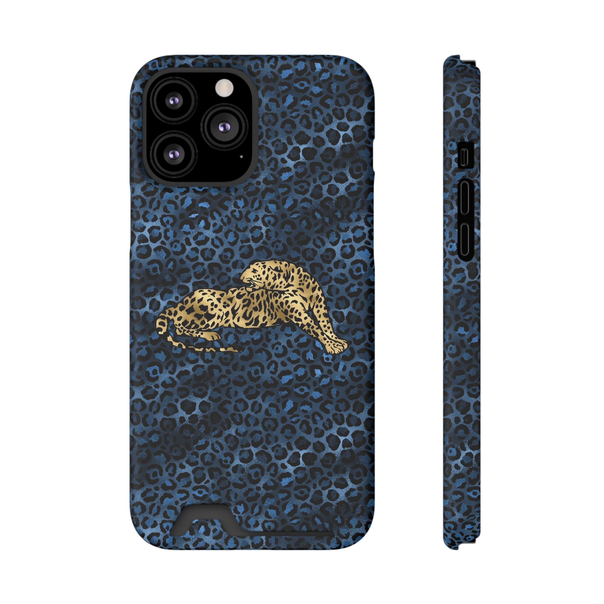 Blue Leopard Phone Case with Card Holder — Gold Cheetah Accent Printify