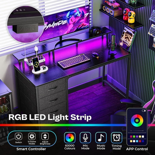 47 Inch Computer Desk with Power Outlets and LED Lights, Gaming Desk GlowGearWorld