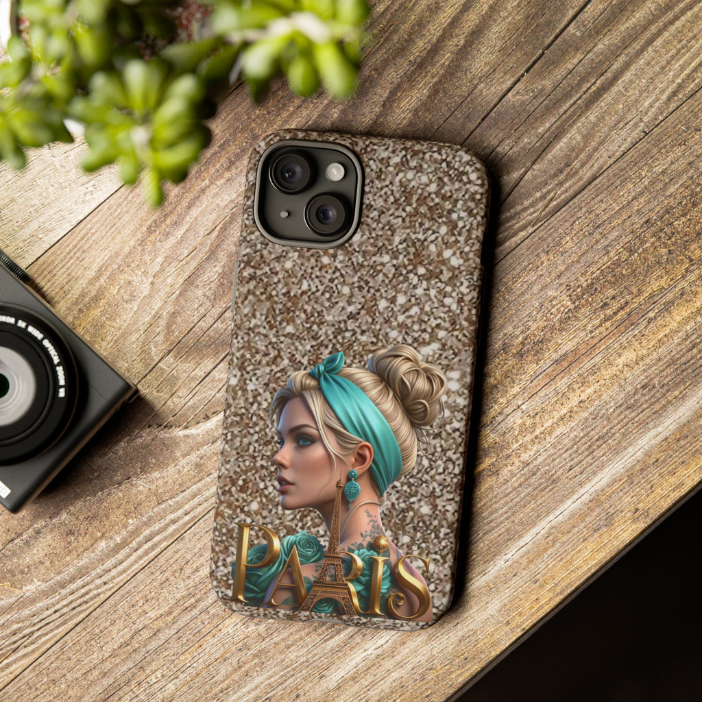 Parisian Glam Phone Case — Retro Pin-Up Girl with Teal Headscarf on Glitter Background Printify