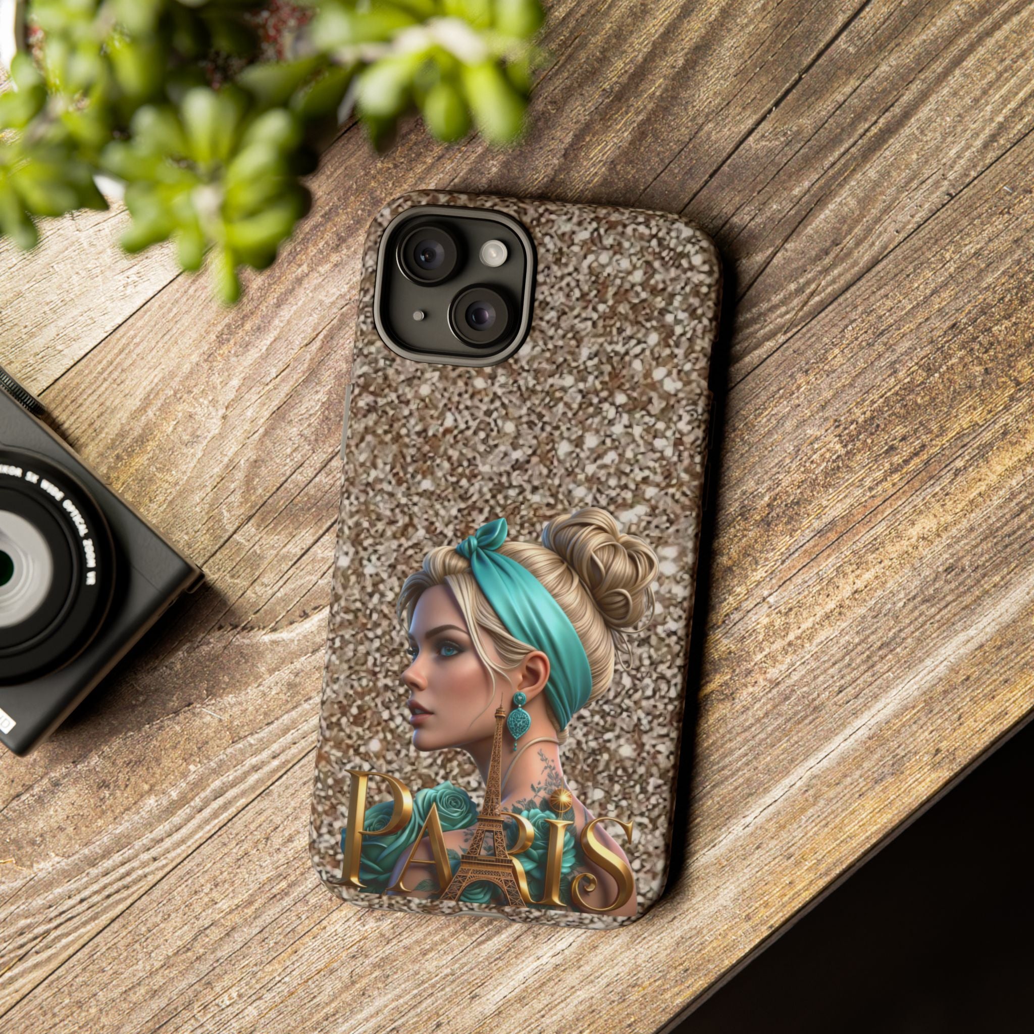 Parisian Glam Phone Case — Retro Pin-Up Girl with Teal Headscarf on Glitter Background Printify