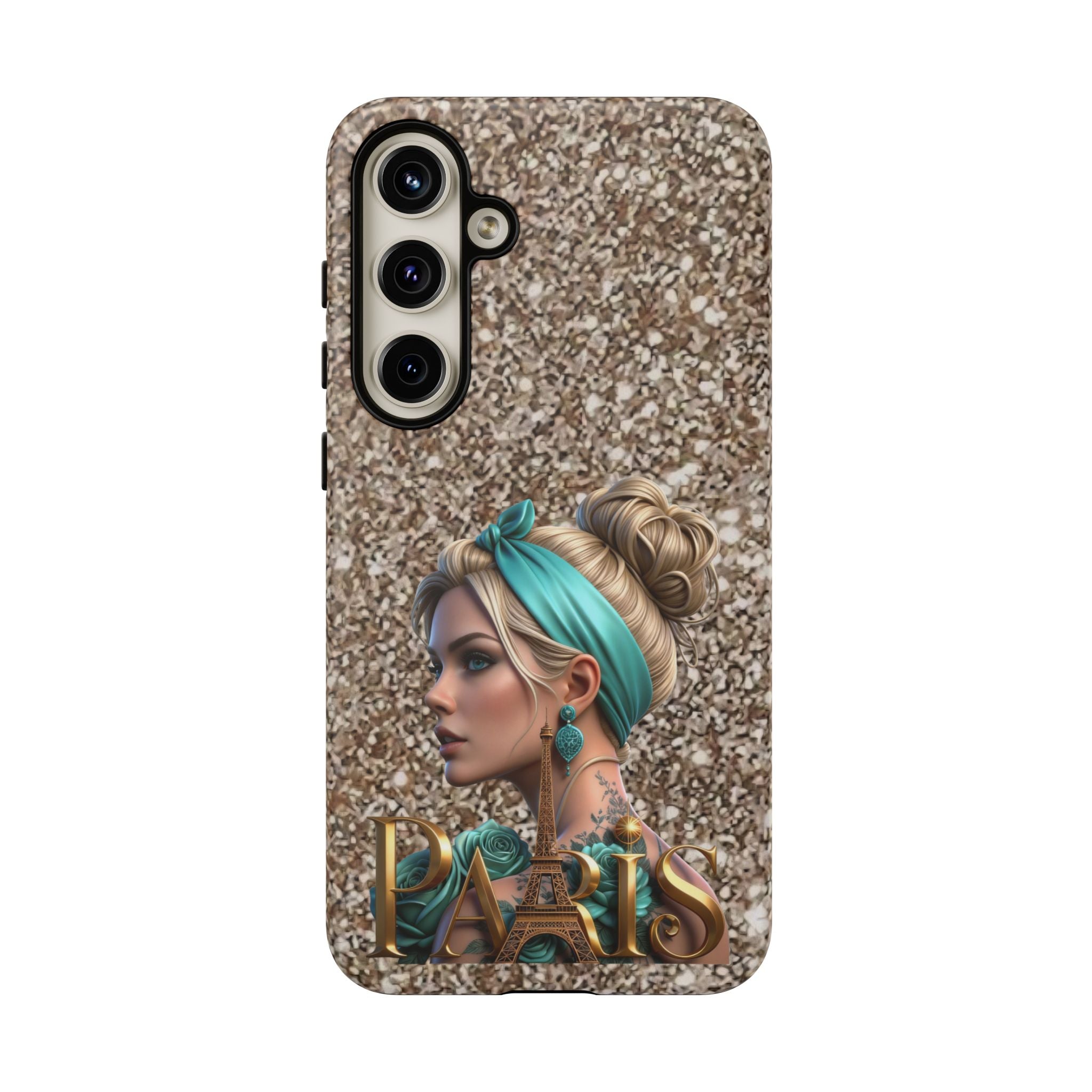 Parisian Glam Phone Case — Retro Pin-Up Girl with Teal Headscarf on Glitter Background Printify