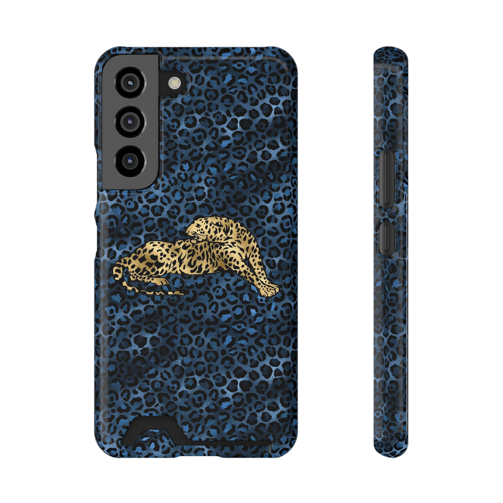 Blue Leopard Phone Case with Card Holder — Gold Cheetah Accent Printify