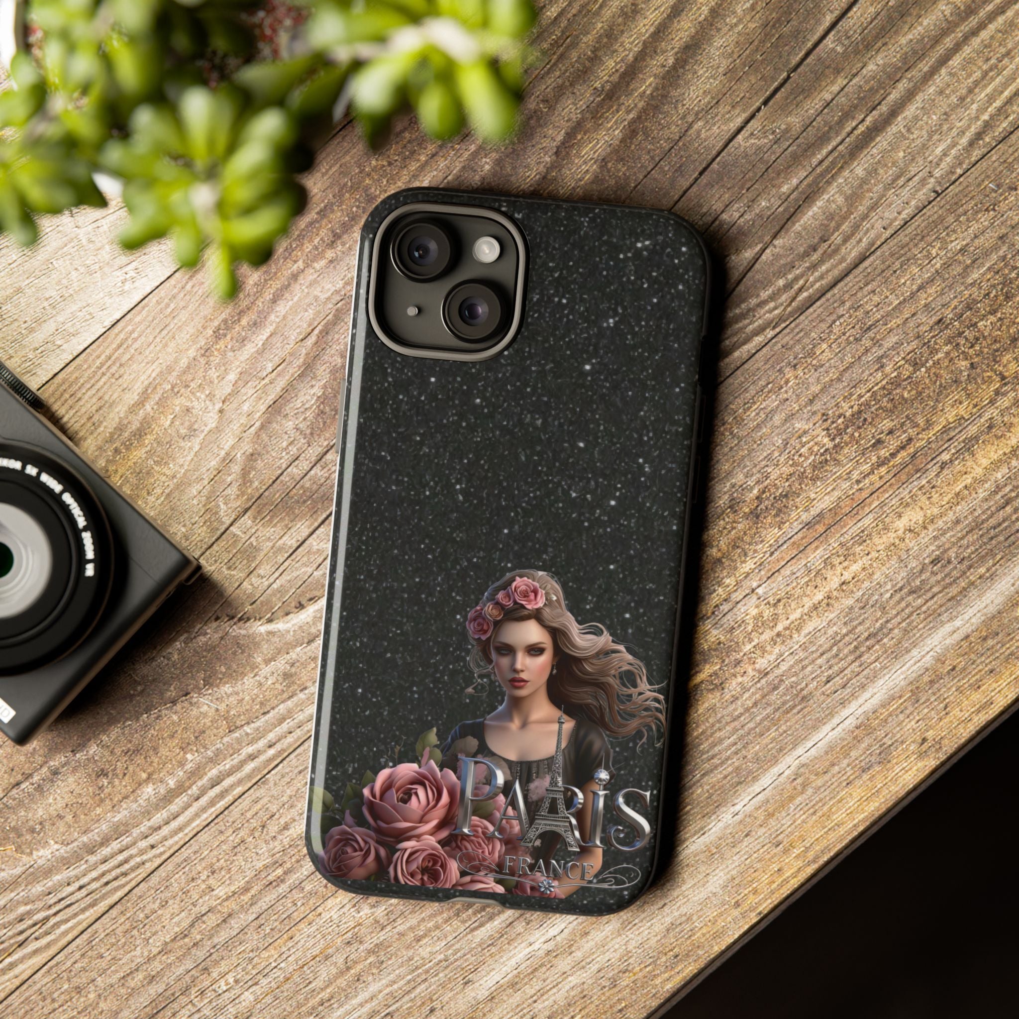 Floral Gothic Phone Case — Rose Crowned Woman on Sparkle Black Printify