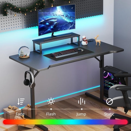 Small Gaming Desk with LED Lights & Power Outlets, 55 Inch Computer
