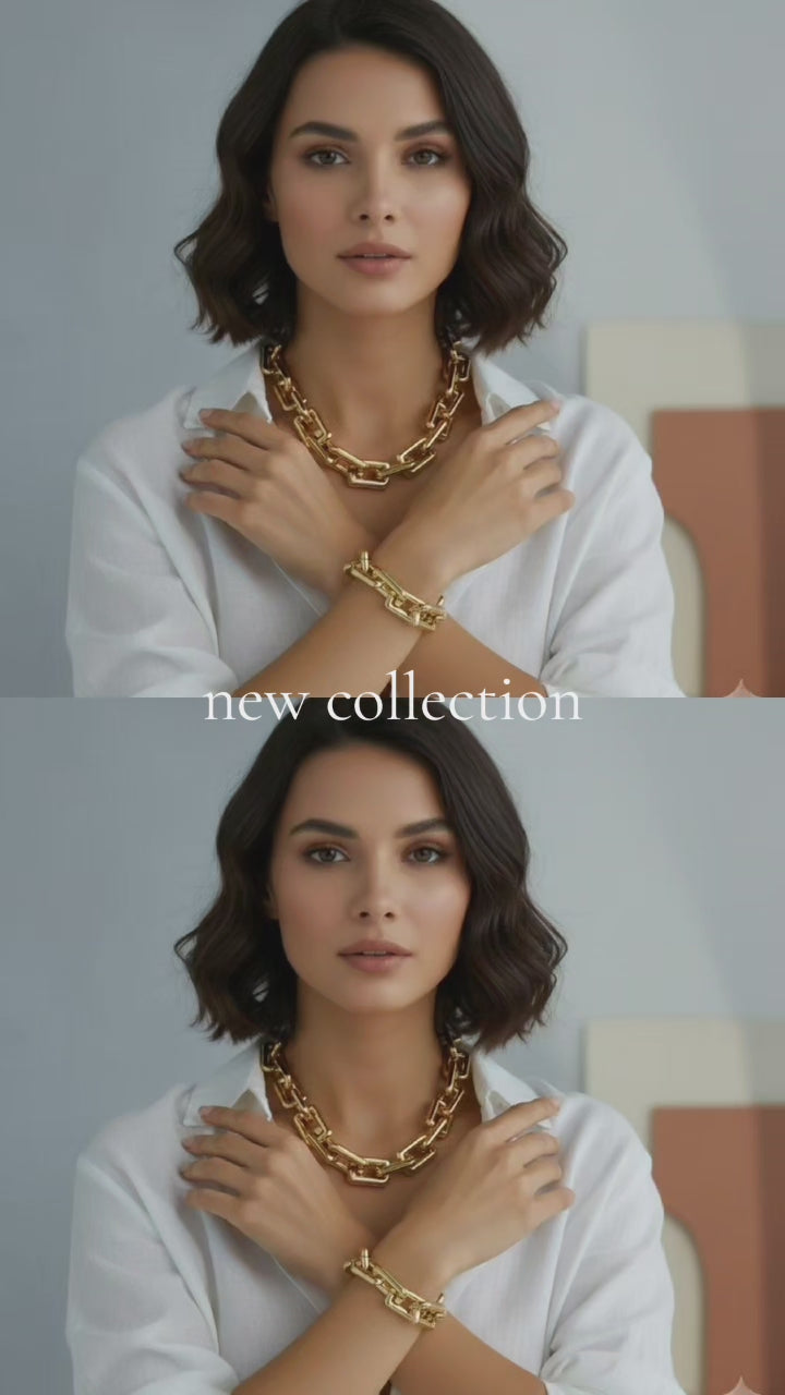 Geometric rectangular chunky chain bracelet and necklace set